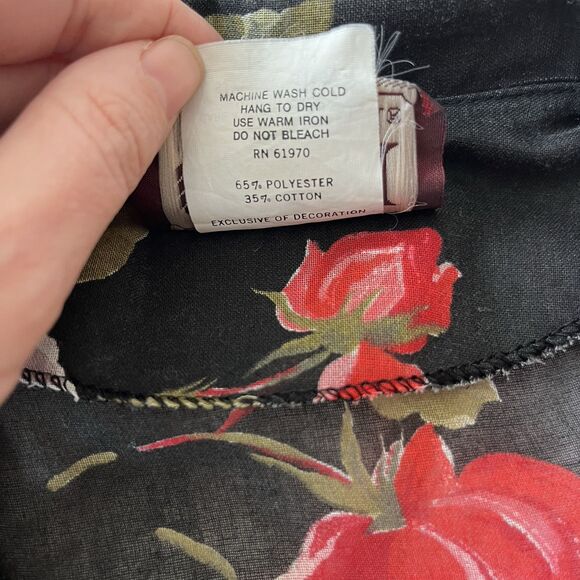 Vintage 1980s Retro Sheer Black Floral Cottagecore Midi Shirt Dress w/Pocket - Picture 10 of 11